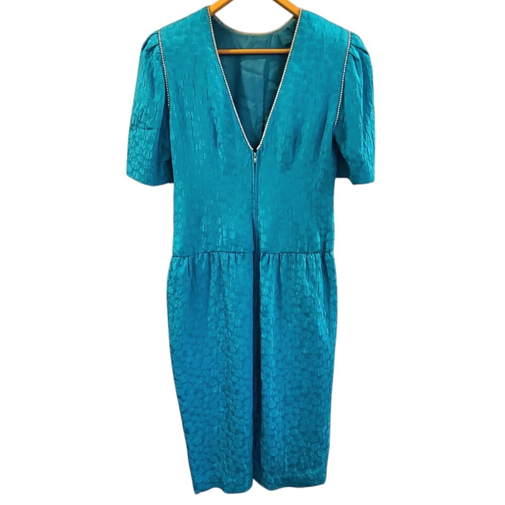 Vintage 80s AJ Bari Silk Teal Low Back Dress Sequence Rhinestone Puff Sleeve 8